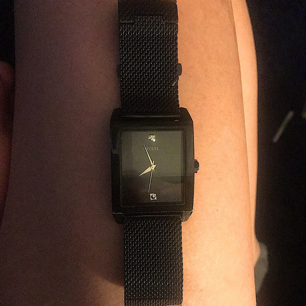 GUESS Mesh Black Ionic Plated Rectangular Genuine Diamond Watch (Model: U0298G1)